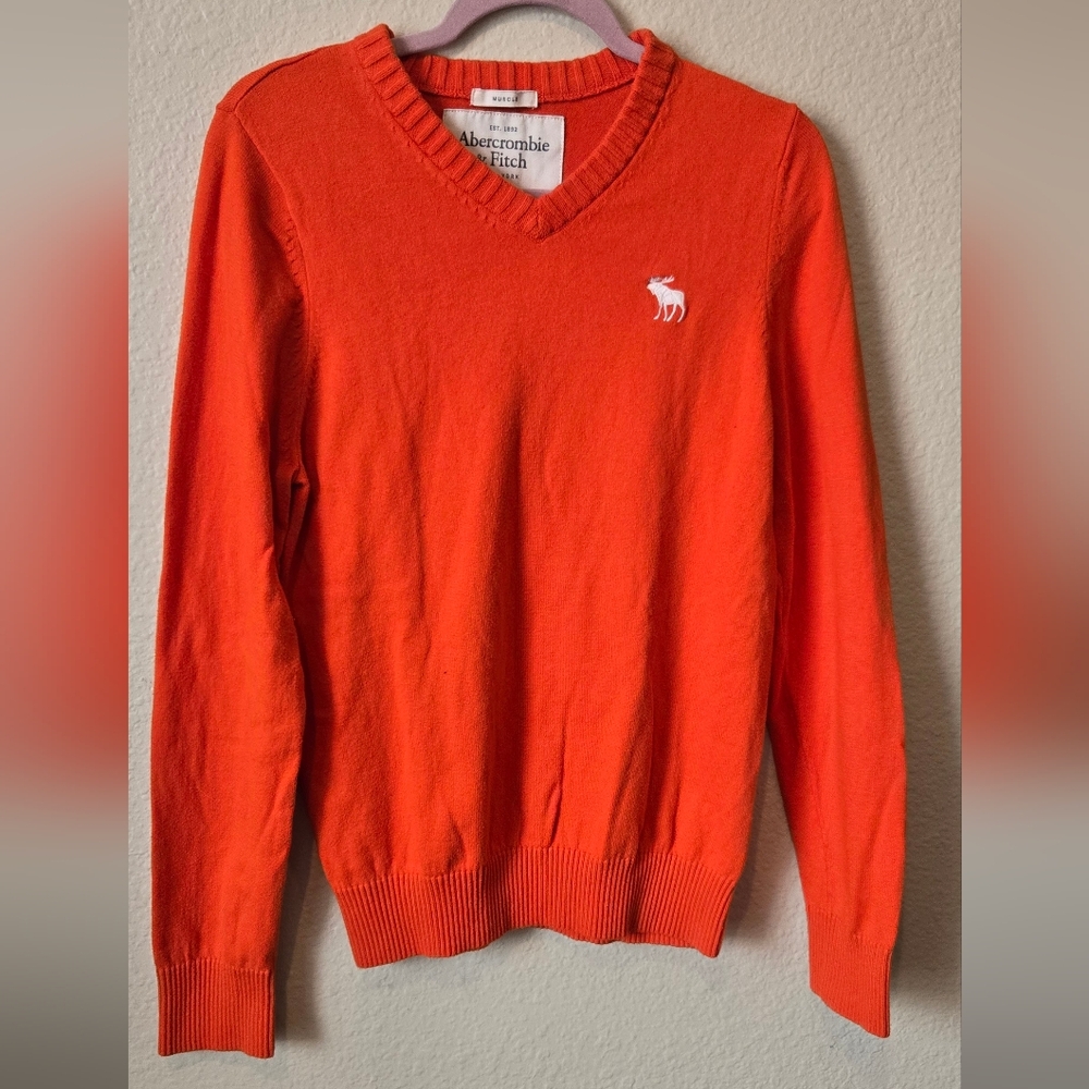 Abercrombie & Fitch Muscle Mens V-Neck Pullover Sweater Sz.XXL Orange/Logo #43